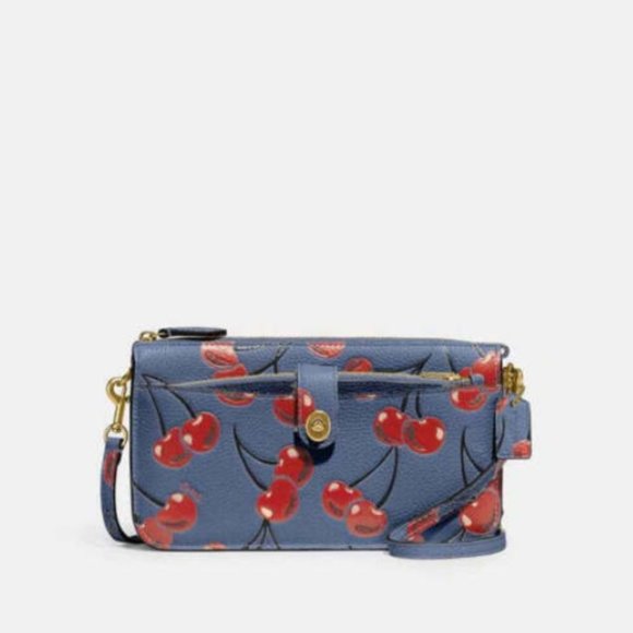 Coach Noa Pop Up Messenger Cherry Bag Leather Handbag Chambray Blue Red Purse NW - Picture 1 of 9